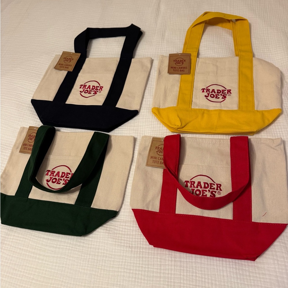 TRADER JOE’s Set of 4 Mini Canvas Tote Bags Red Green Blue Yellow Reusable  NWT